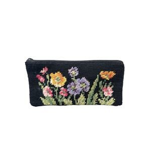 LILLIAN VERNON Needlepoint Floral Zip Clutch Vintage Black Tapestry Pouch